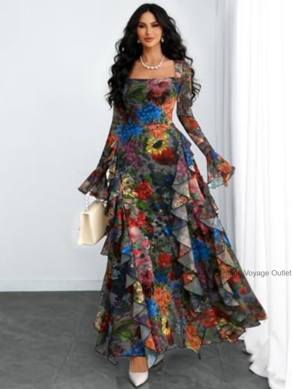 Square Neck Mesh Sheer Long Sleeve Ruffle Layered Midi Dress - Picture 4 of 7